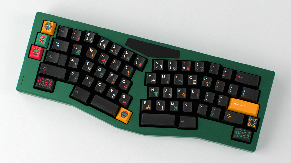  render of GMK CYL Tribal on a green keyboard angled 