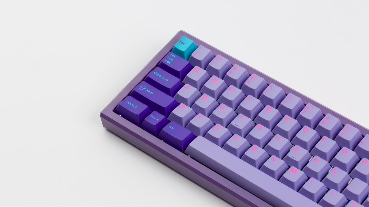  GMK CYL Vaporwave on a purple keyboard zoomed in on left 