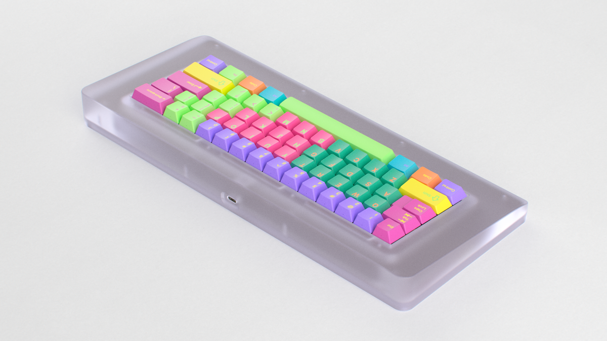  render of GMK CYL Windbreaker on a frosted clear keyboard back view angled 