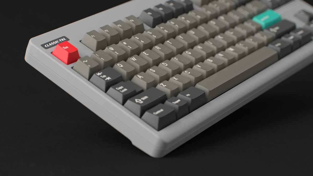  render of GMK CYL Dolch R5X on a grey CLASSIC-TKL close up on left side 