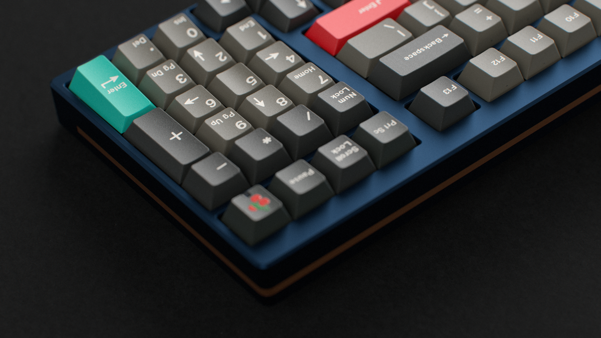  render of GMK CYL Dolch R5X on a navy Keycult No. 1 / 1800 back view close up on right side 
