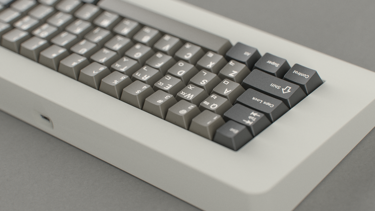  render of GMK CYL Dolch R5X on a cream keyboard back view close up on left side 