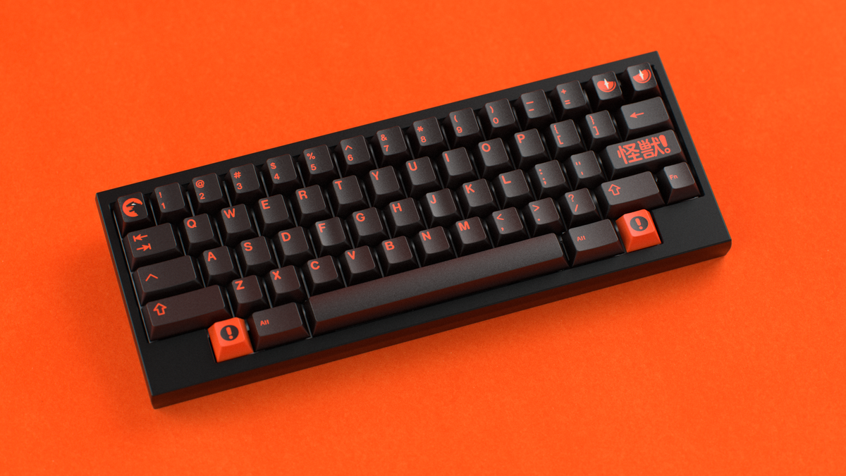  render of GMK CYL Kaiju R3 Kaiju Dark on a black Atom keyboard angled 