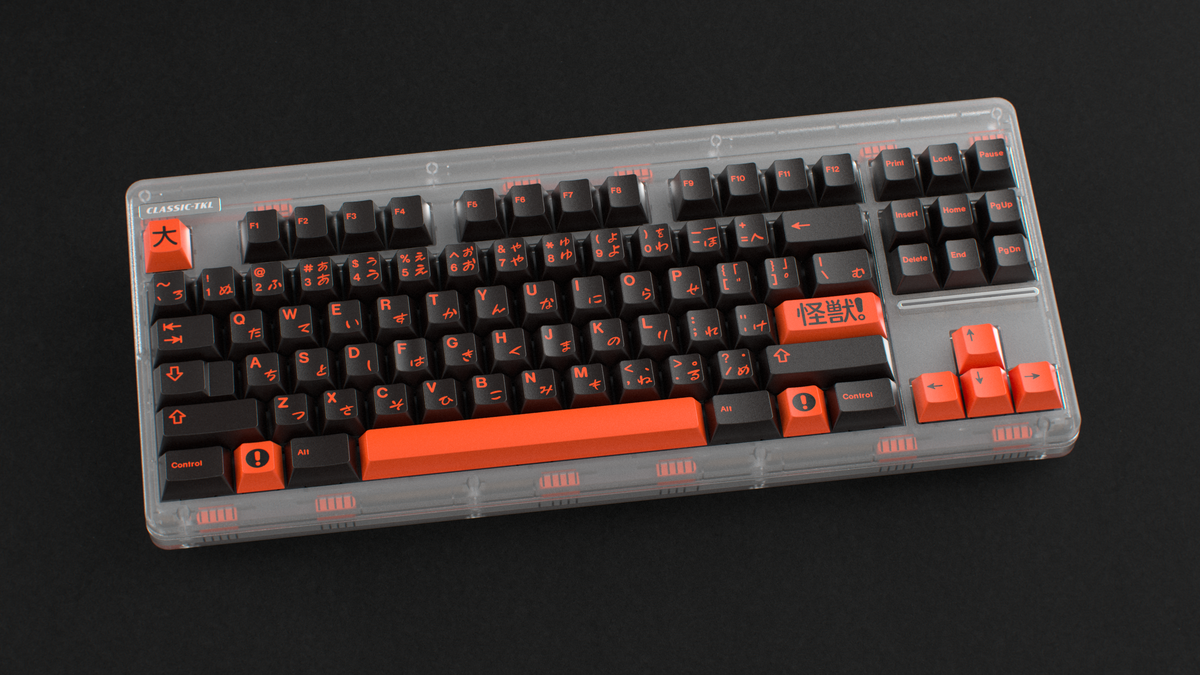  render of GMK CYL Kaiju R3 Kaiju Dark on a clear CLASSIC-TKL angled on a black background 