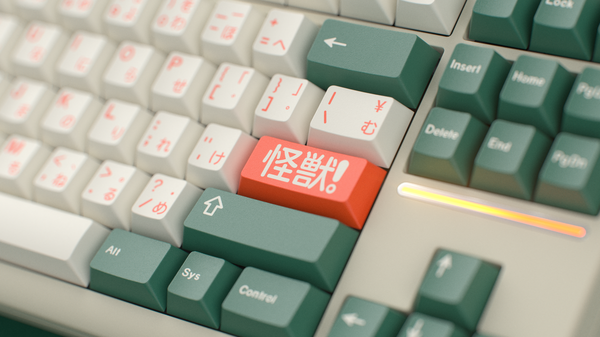 render of GMK CYL Kaiju R3 kaiju on a beige CLASSIC-TKL close up on right side 