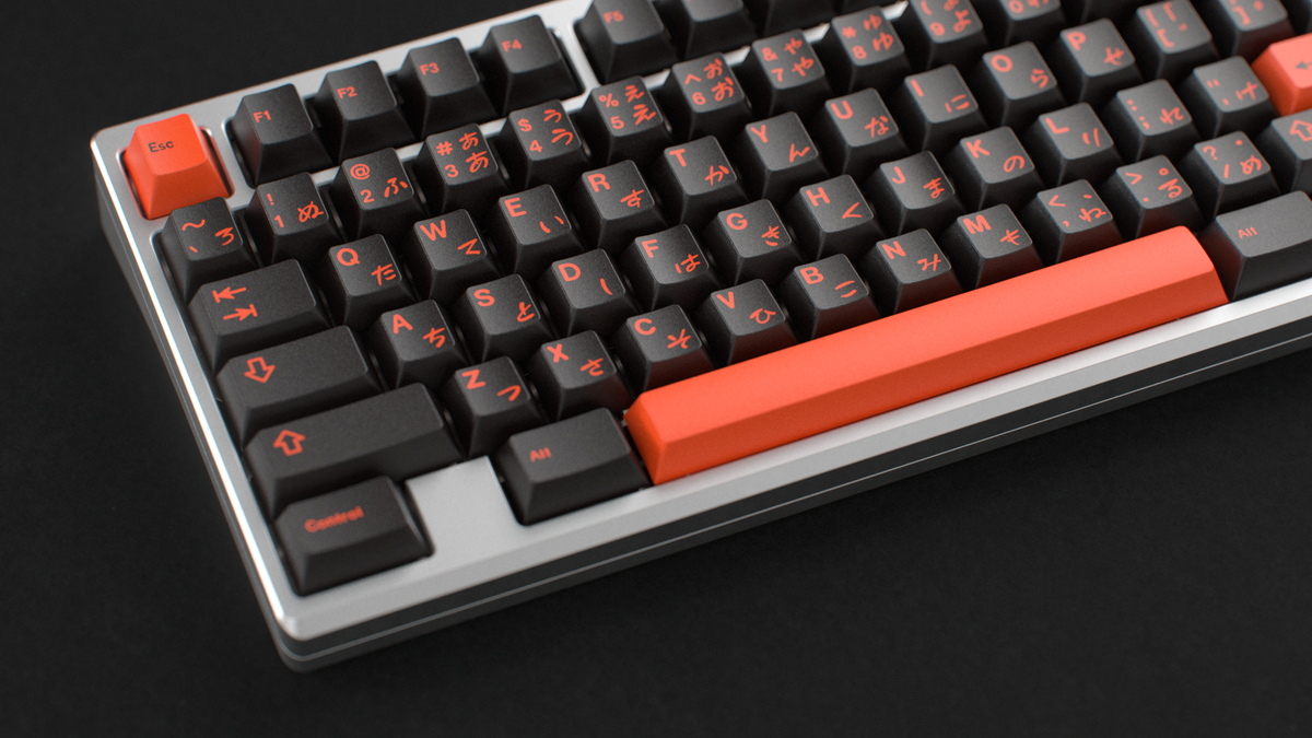  render of GMK CYL Kaiju R3 Kaiju Dark on a silver Frog Keyboard close up on left side 