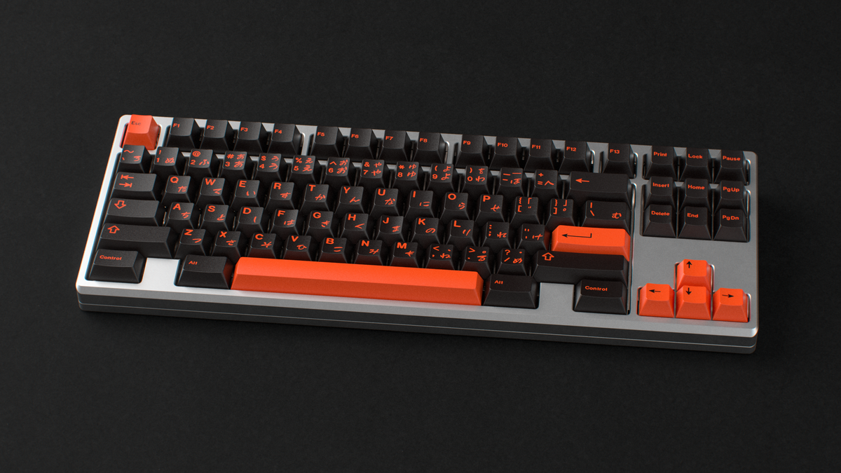  render of GMK CYL Kaiju R3 Kaiju Dark on a silver Frog Keyboard 