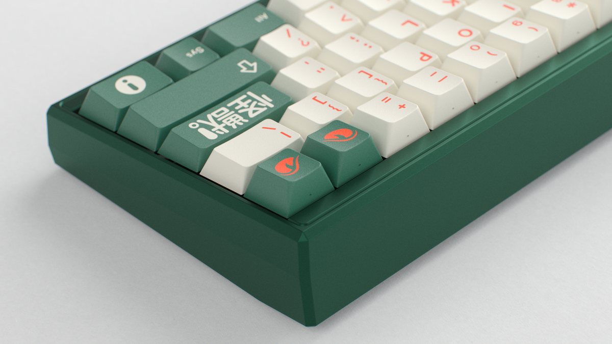  render of GMK CYL Kaiju R3 Kaiju on a green Keycult Zero back view close up on right side 