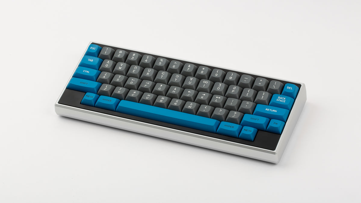  GMK MTNU Space Cadet on a silver Keycult Zero keyboard with black accent bars angled 