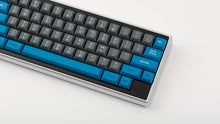 Load image into Gallery viewer, GMK MTNU Space Cadet on a silver Keycult Zero keyboard with black accent bars close up on right side angled