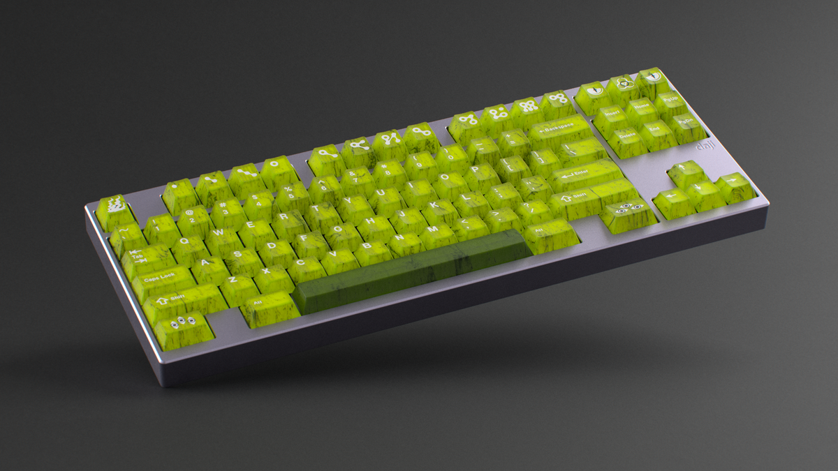  render of GMK CYL Mutagen on a silver keyboard angled 