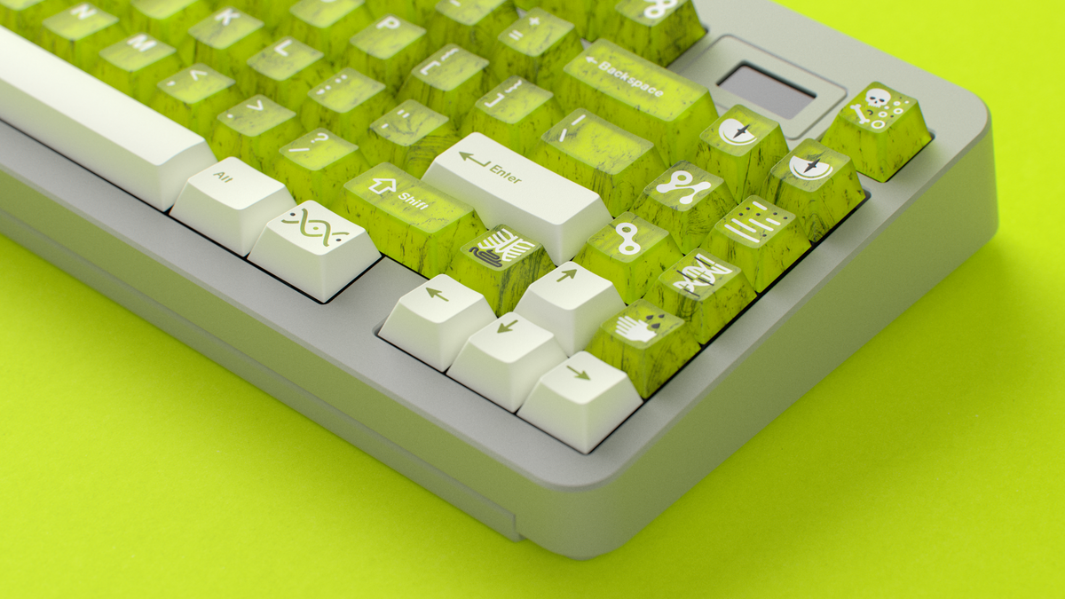  render of GMK CYL Mutagen on a grey keyboard close up on right side angled 