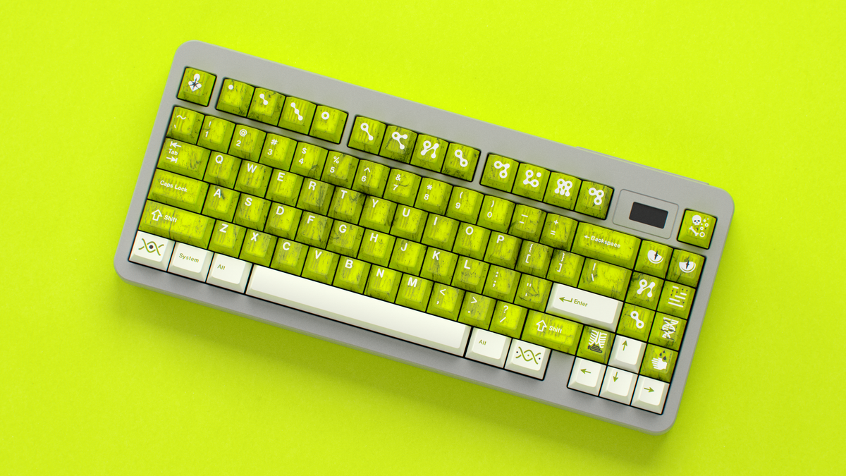  render of GMK CYL Mutagen on a grey keyboard angled top down view 
