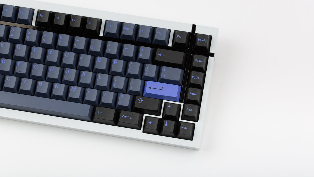  GMK CYL Nightshade on a white BOX 75 keyboard close up on right side 