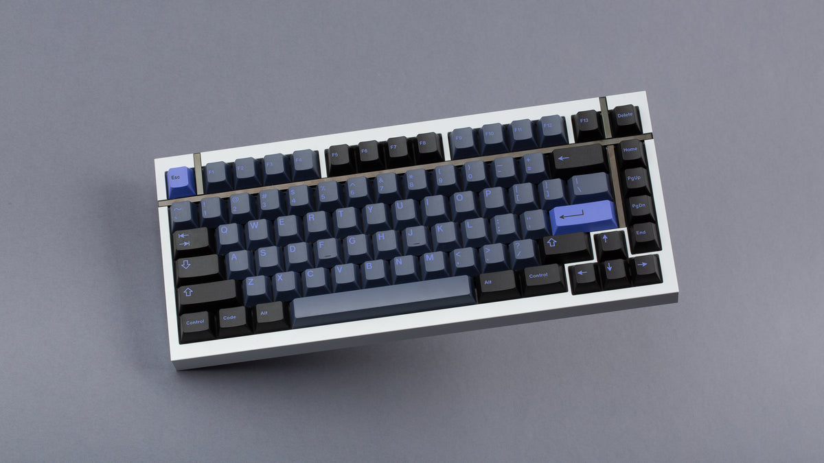  GMK CYL Nightshade on a white BOX 75 keyboard angled 