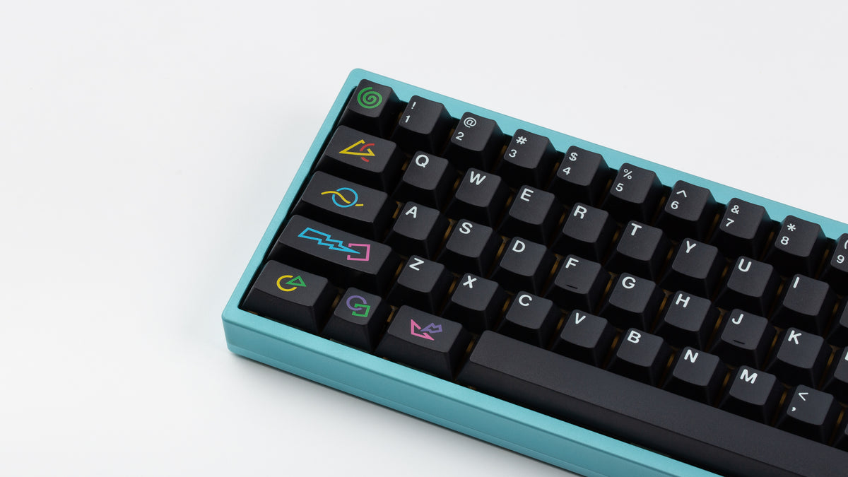  GMK CYL Polybius on a blue keyboard close up on left side 