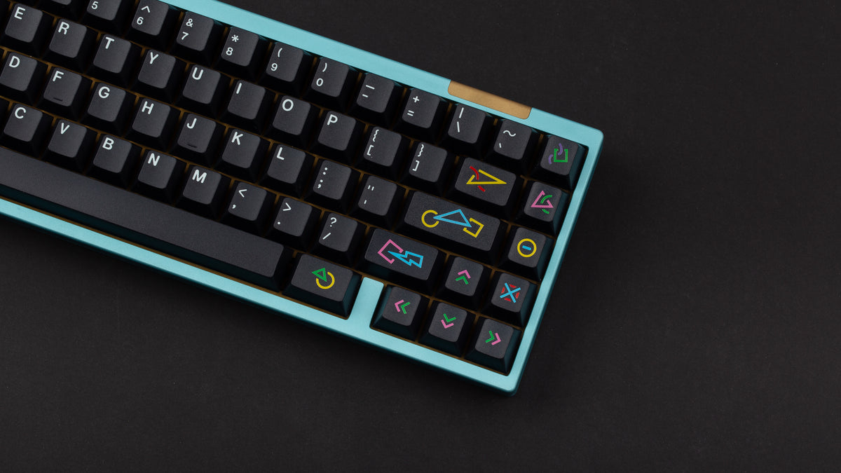  GMK CYL Polybius on a blue keyboard close up on right side angled 