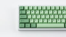Load image into Gallery viewer, GMK CYL Zooted keycaps on silver 65% keyboard, close-up of left side showing number row, alpha keys, and darker green modifier column with spacebar on white surface