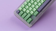 Load image into Gallery viewer, GMK CYL Zooted keycaps on translucent smoke 60% keyboard, close-up of bottom-left corner showing Control, Shift, and Tab modifier keys with purple accent on lavender background