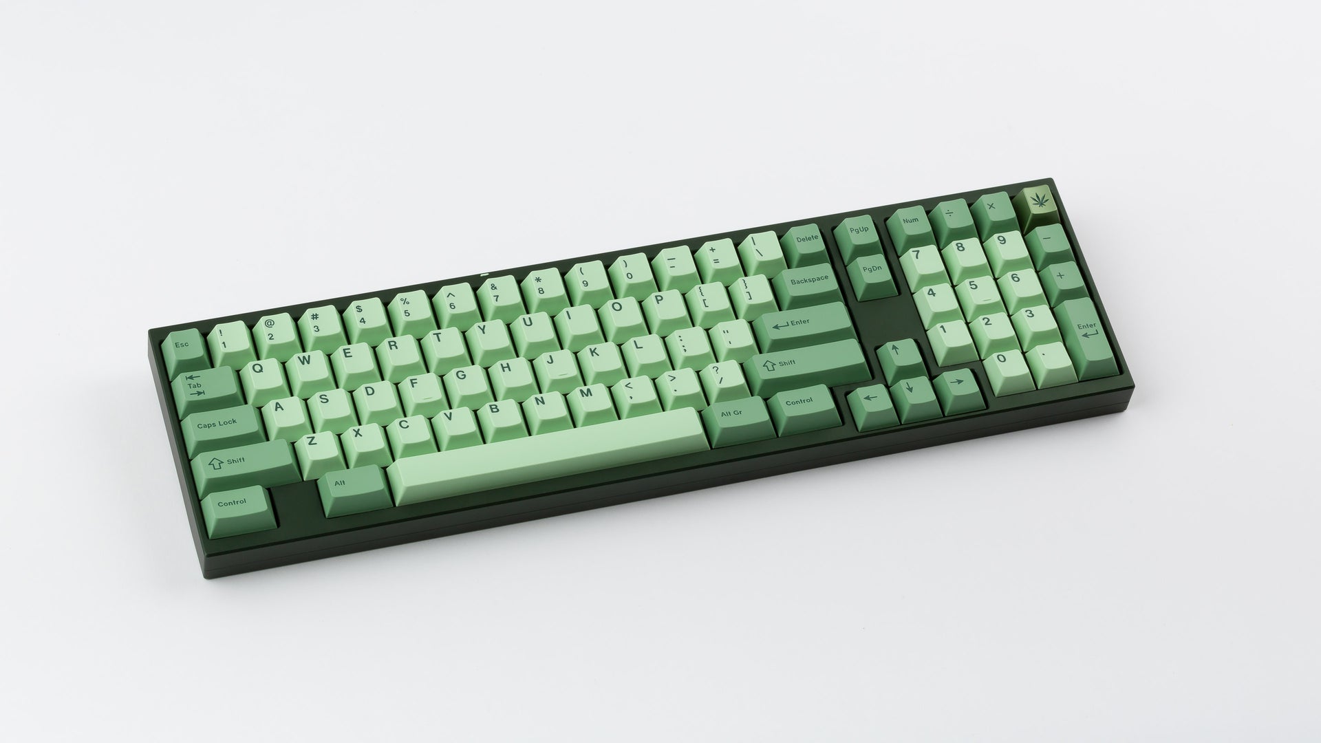 GMK CYL Zooted keycaps on dark green full-size keyboard, top-down angled shot showing complete layout with numpad and mint green alphas with darker green modifiers on white surface