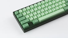 Load image into Gallery viewer, GMK CYL Zooted keycaps on dark green full-size keyboard, close-up of left side showing alpha keys, Caps Lock, and Shift with darker green modifiers on white surface