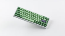 Load image into Gallery viewer, GMK CYL Zooted keycaps on silver 65% keyboard, top-down angled shot showing compact layout with purple Enter accent key and mint green alphas on white surface