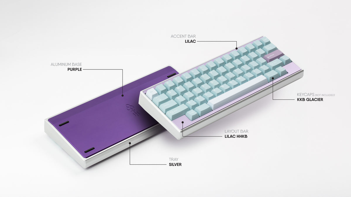 Key Kobo Glacier on a Keycult ZERO with an aluminum purple bottom, aluminum silver top, and Lilac straight and HHKB accent bars.