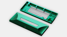 Load image into Gallery viewer, Render of teal anodized aluminum Hope keyboard case showing top plate interior and external bottom with brushed weight