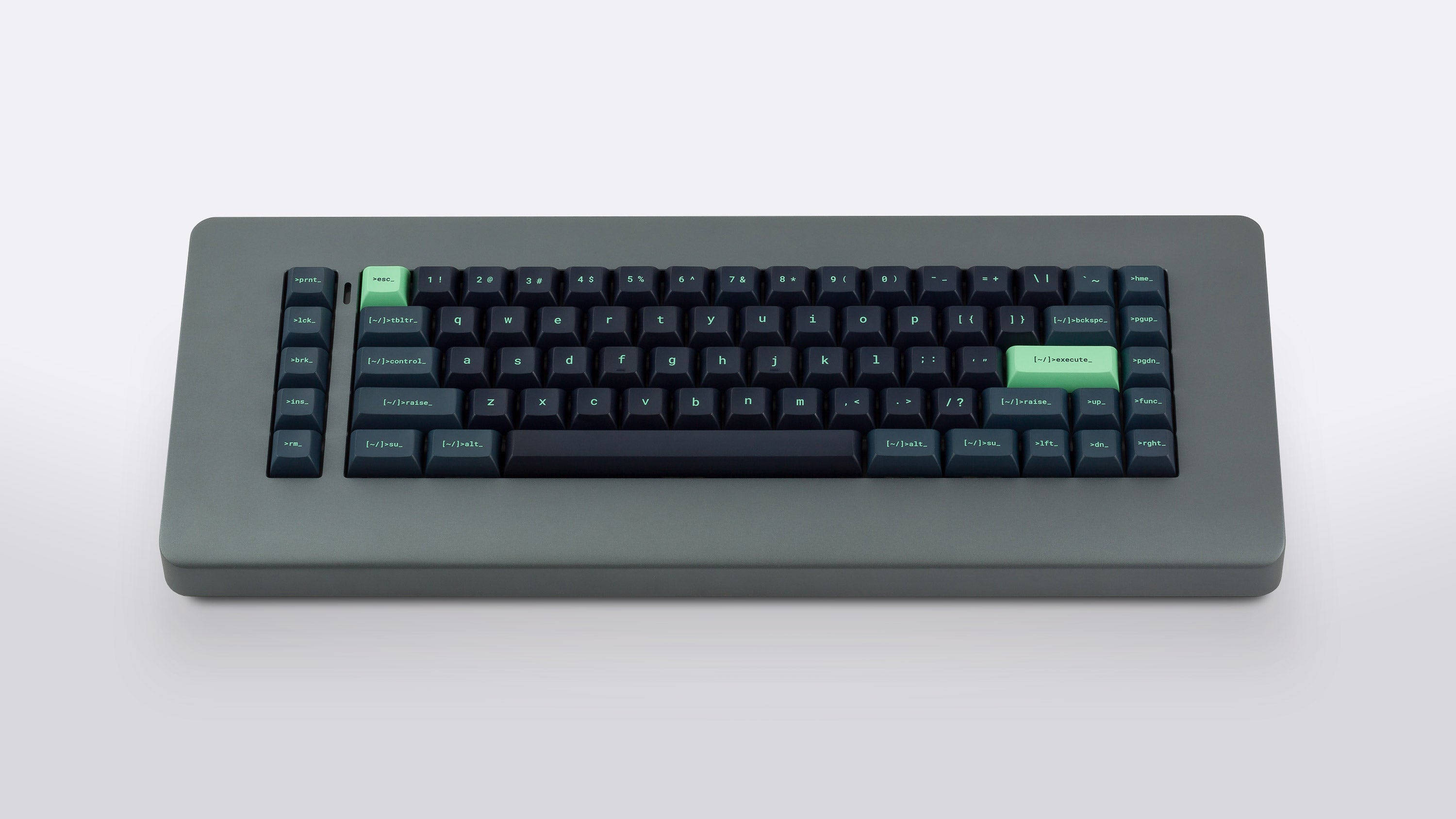 KAM Superuser installed on a keyboard, showing the exact dark terminal colorway, mint legends and bright green highlight keys