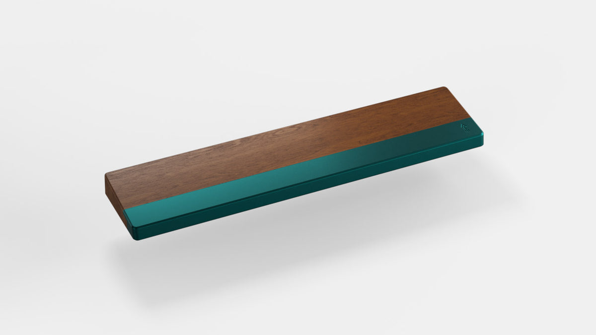  render of 60% walnut wrist rest with dark teal bar 
