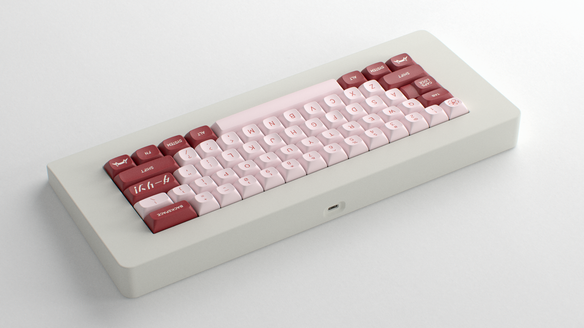  render of GMK MTNU Darling on an offwhite piggy keyboard back view 