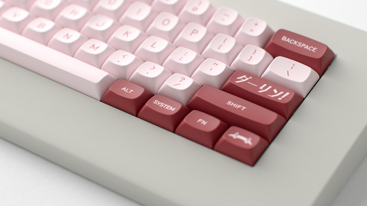  render of GMK MTNU Darling on an offwhite piggy keyboard close up on right side 