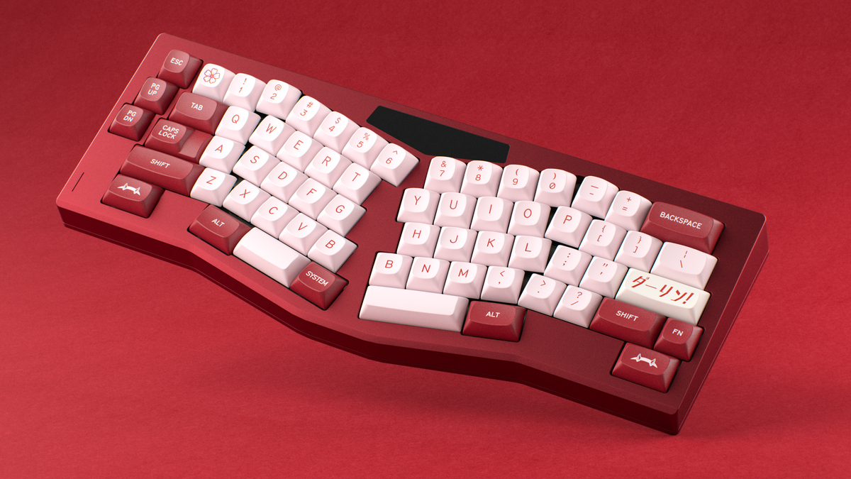  render of GMK MTNU Darling on a red wampus keyboard 