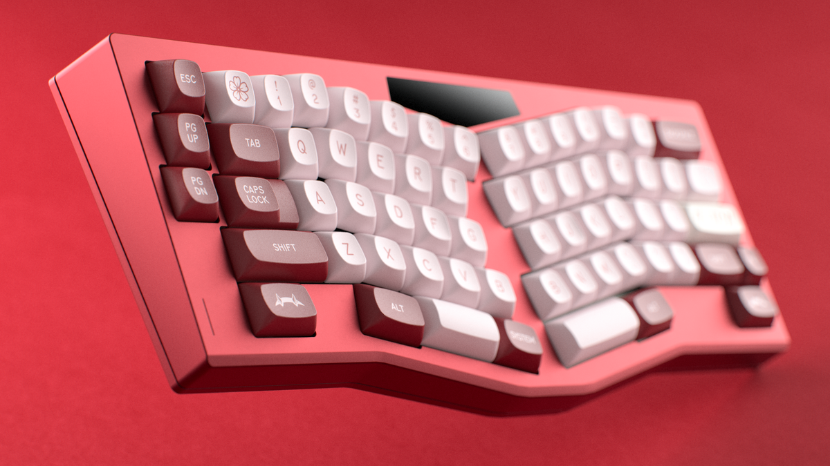  render of GMK MTNU Darling on a red wampus keyboard angled close up on left side 