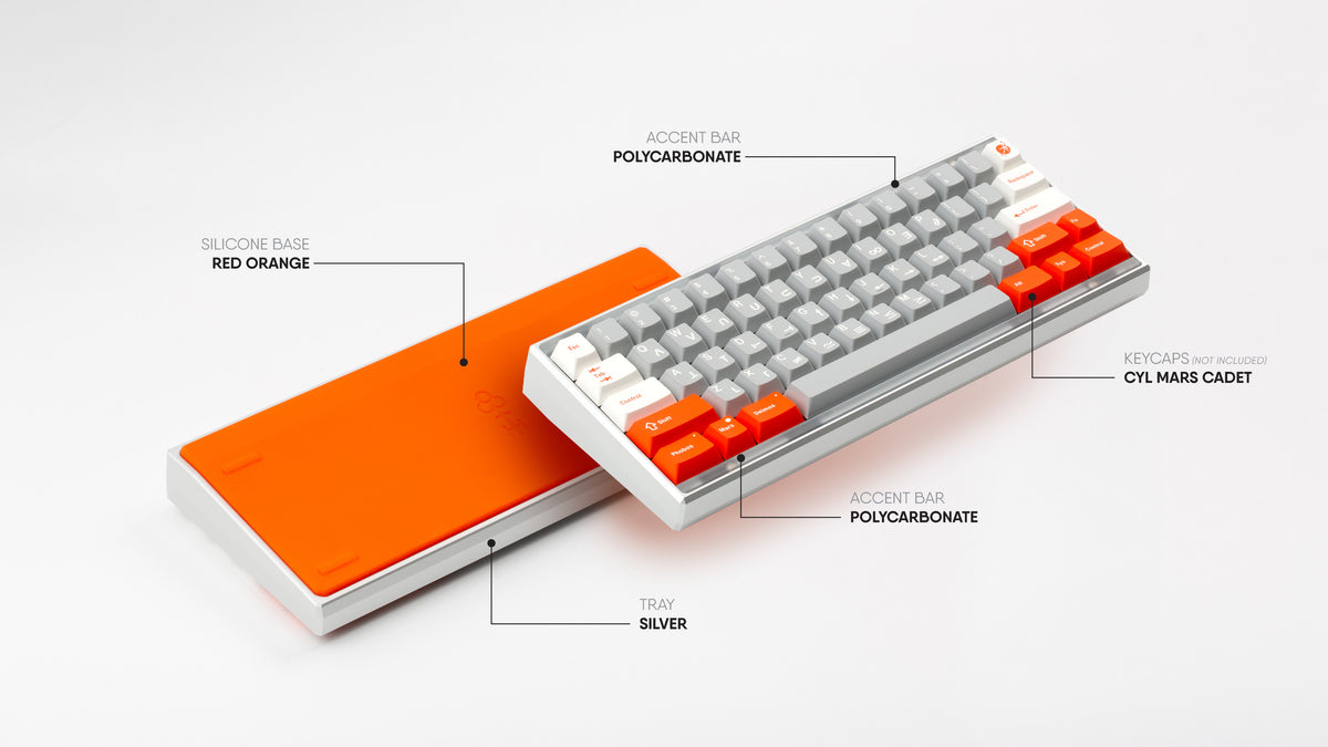 GMK CYL Mars Cadet on a Keycult ZERO with a silicone orange bottom, aluminum silver top, and PC clear straight accent bars.