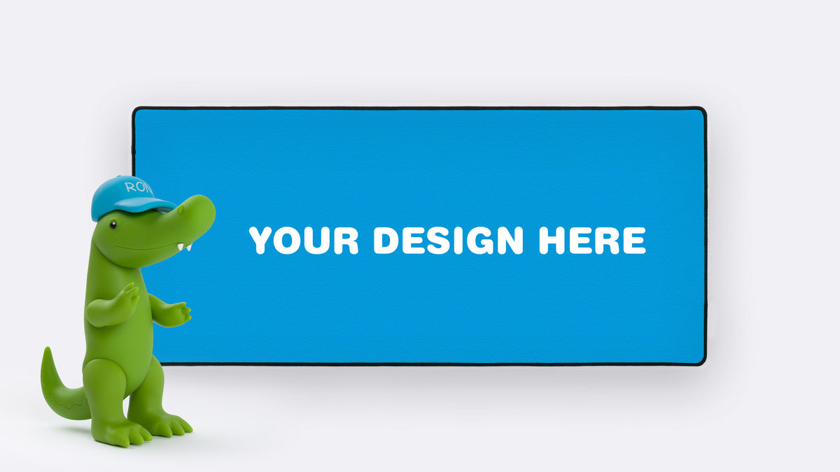 render of a deskpad featuring the text "your design here" indicating that the customers design will be used for the deskpad