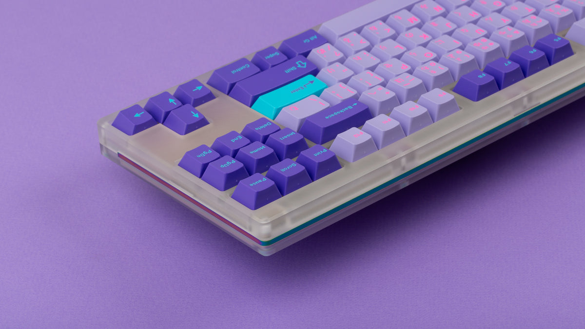  Keycult No. 1 / TKL Series 22 with keycaps on purple background close up on right side back view 