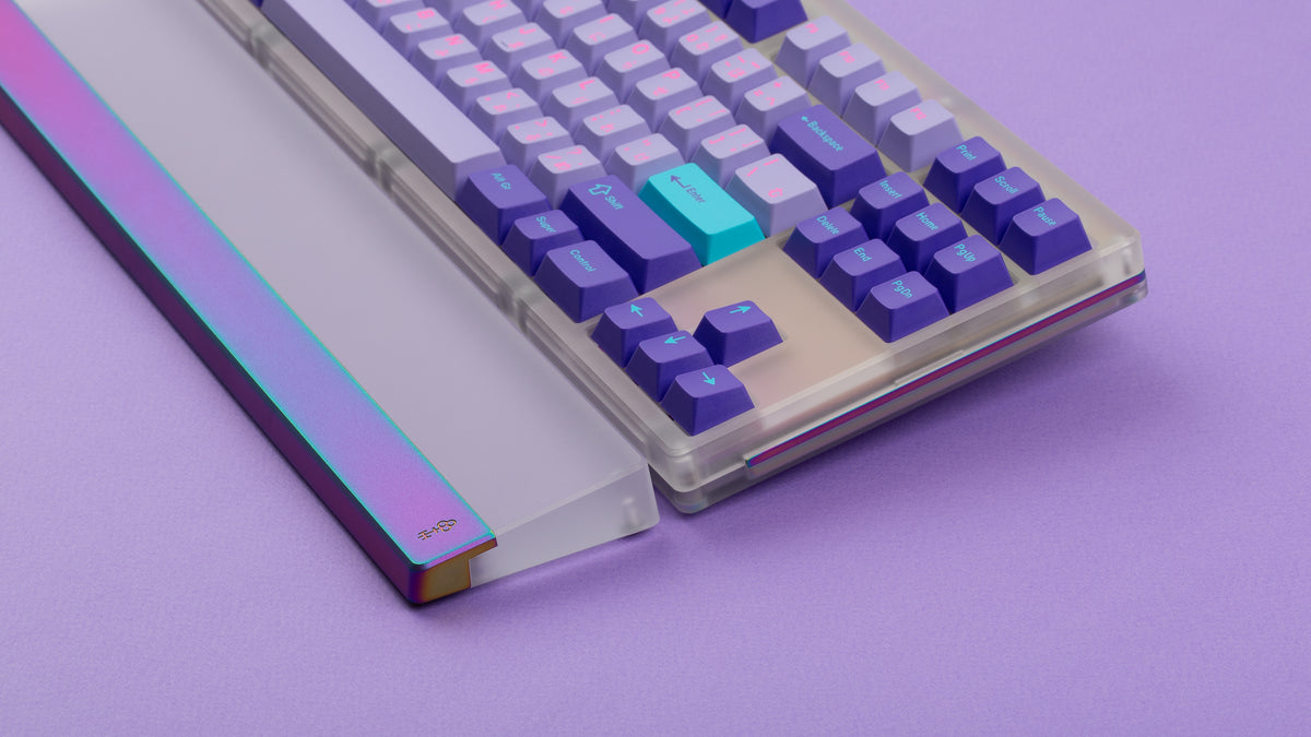  Keycult No. 1 / TKL Series 22 with keycaps on purple background with wrist rest close up of right side 