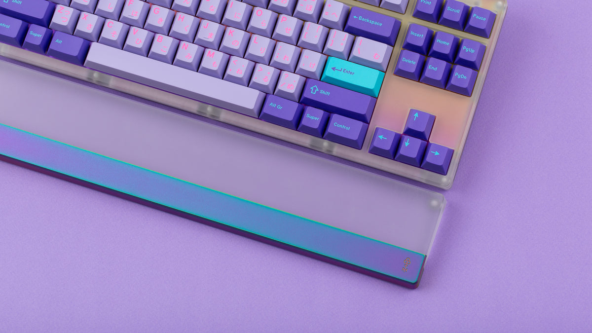  Keycult No. 1 / TKL Series 22 with keycaps on purple background with wrist rest top down close up of right side 