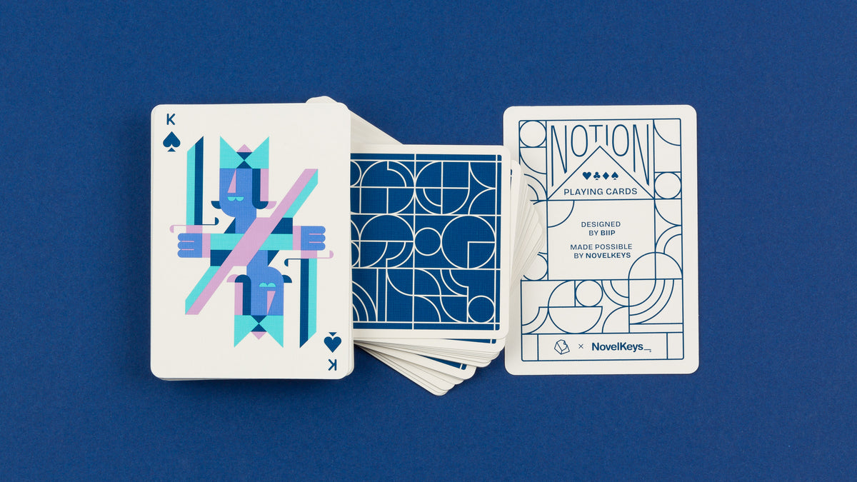  Notion Playing Cards highlighting King of spades, back artwork, and the information card 