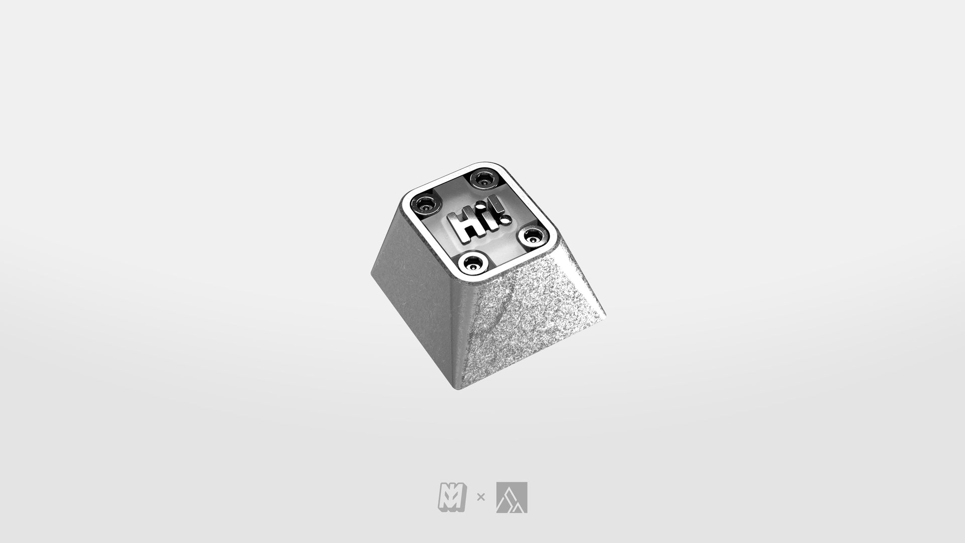 render of Hi! Viz Salvun artisan keycap - silver metal with Hi! engraving, angled view