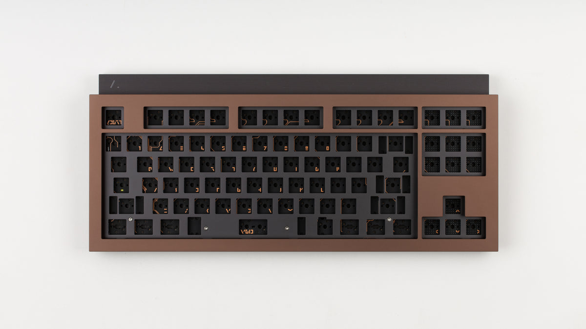 Artifact Stratum 80 keyboard in Ochre Red, top-down view without keycaps
