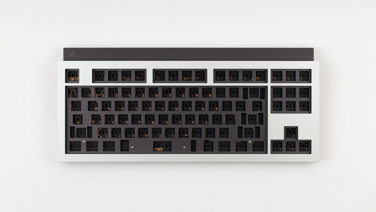 Artifact Stratum 80 keyboard in Bauxite Silver, top-down view without keycaps