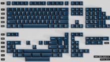 Load image into Gallery viewer, render of GMK CYL Blue Fabrik keycaps on silver keyboard, front view showing navy keycaps with white legends