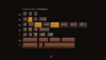Load image into Gallery viewer, Render of GMK CYL Chocolatier Extensions kit showing additional keys including spacebars, enter keys, and modifiers in chocolate brown and golden yellow