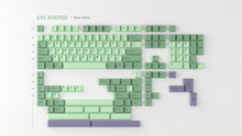 Load image into Gallery viewer, render of GMK CYL Zooted Small Batch Base Kit, mint and sage green keycaps with darker green legends and purple accent modifier keys