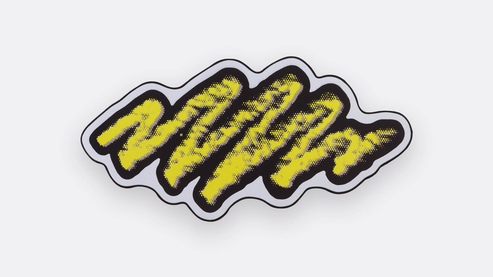 Hi! Viz R2 Deskpad - irregular blob shape with white border, black background, and neon yellow halftone pattern