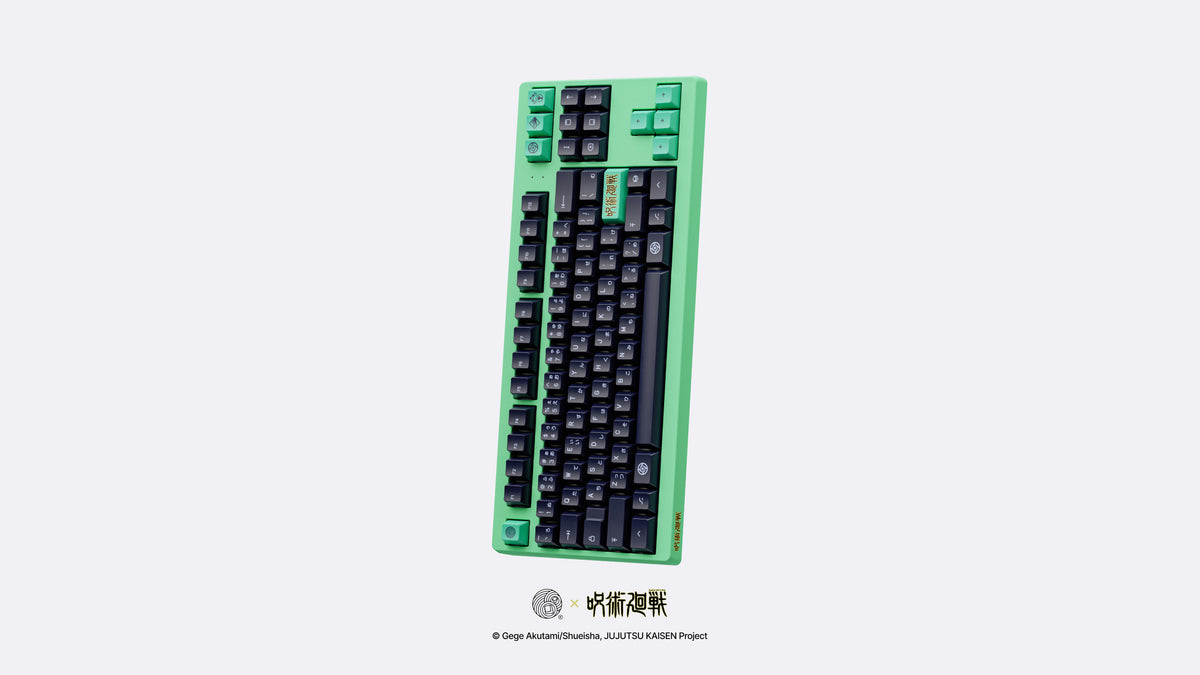  MONOKEI Standard - Megumi Edition at a vertical angle featuring dark purple and green Double shot PBT Series 1 keycaps 