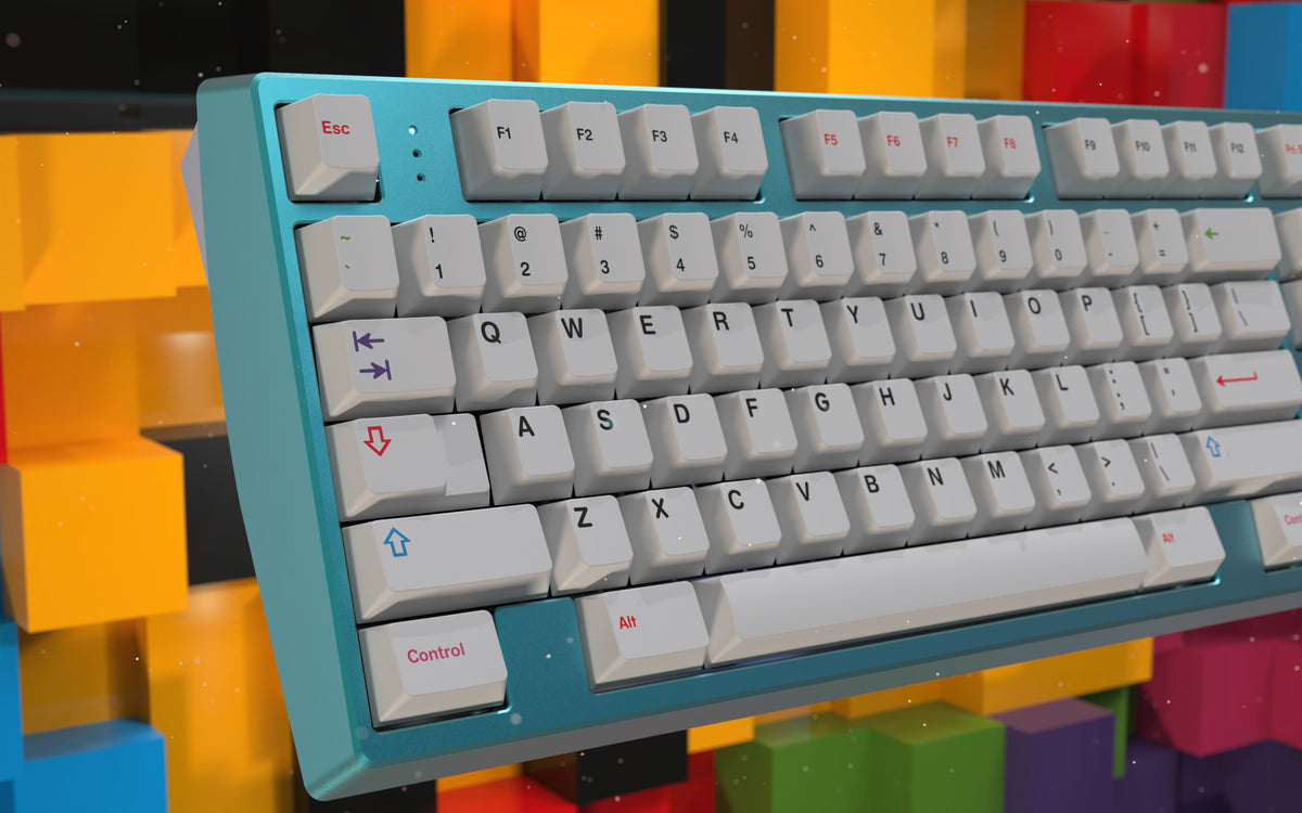  Render of GMK CYL Colorchrome on blue keyboard zoomed in on left 