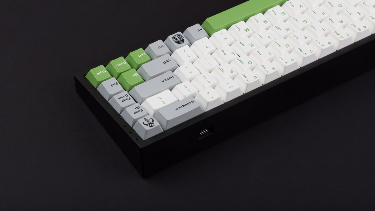  GMK CYL Mandalorian the Child set on black keyboard zoomed in on right back 